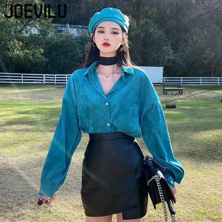 Peacock Blue Vintage Shirts Women's Polo Collar Medium Length Cardigans Long Sleeve Corduroy Coat Spring and Autumn Loose Tops