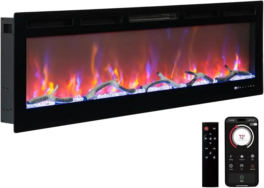 72 Inch Electric Fireplace, Recessed and Wall Mounted Fireplace, Led Touch Screen, Remote Control & WiFi App, 1500/750W Fireplac