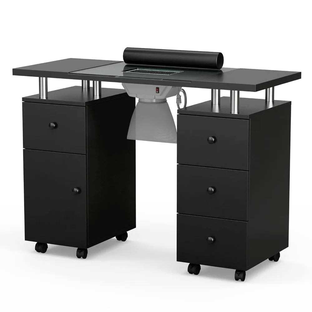 

Glass Top Nail Makeup Desk Table Station for Tech w/Electric Downdraft Vent, Wrist Cushion, Lockable Wheels, Storage Drawers