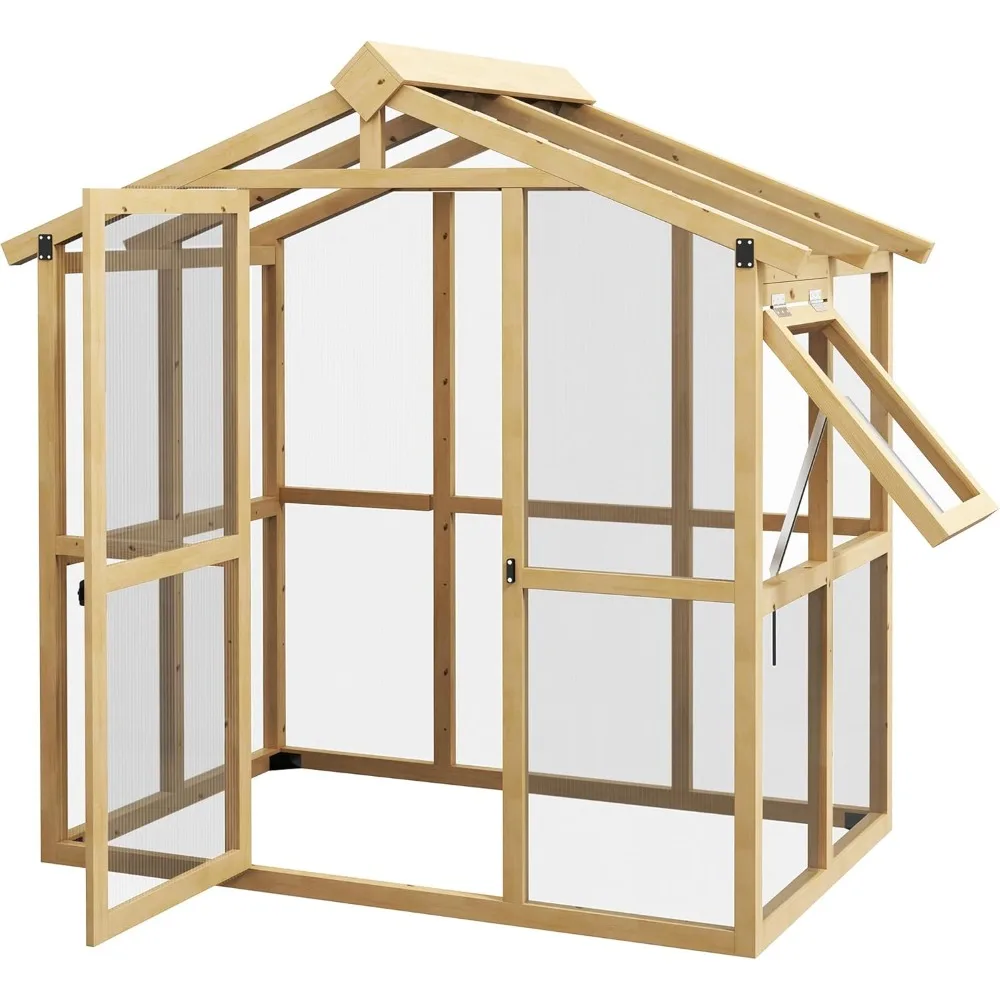

6.5' x 4' x 6.7' Walk-in Polycarbonate Greenhouse with Fir Wood Frame, Plant Gardening Hobby Green House with Automatic Tempera