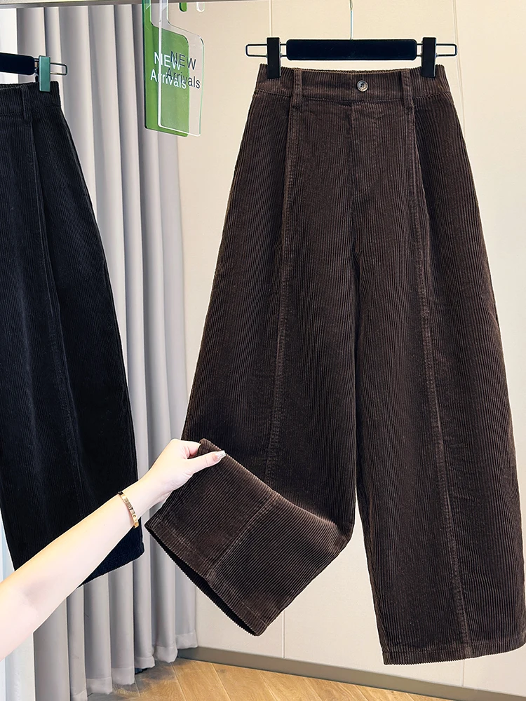 Authentic Autumn Winter Large Size Corduroy Knife-Shape Pants High Waist Straight Leg Casual Trousers for Women Korean Style