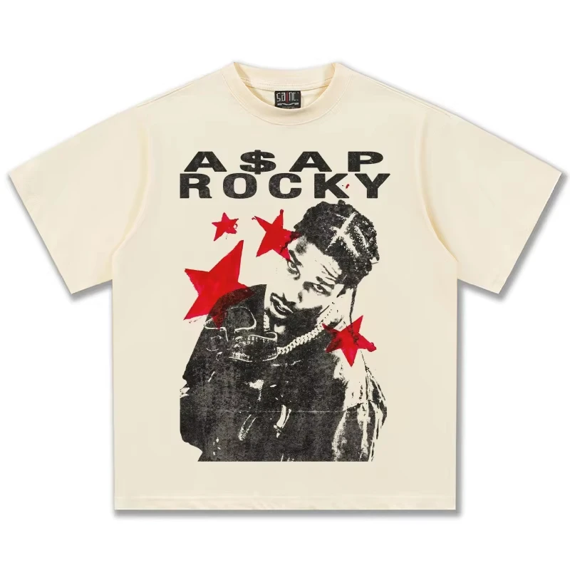 ASAP Rocky Red Star Graphic T-Shirt Unisex Hip Hop Rap Y2K Trendy Pure Cotton Casual Short Sleeve Fashion Women And Men T-shirts
