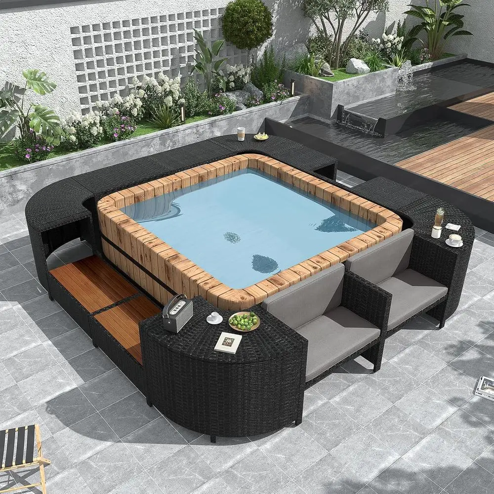 

Outdoor Grey Spa Surround Set with Mini Spa, Wooden Seating, Storage, and Cushions