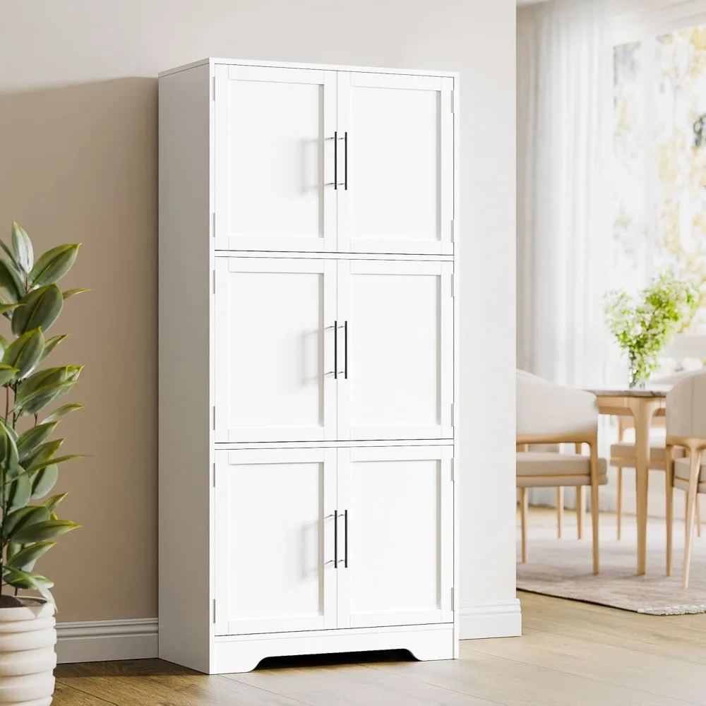 

86,5-дюймовый кухонный шкаф для хранения кладовой с 6 дверцами и 3 полками, высокий льняной шкаф, 4-уровневый, белый отдельно стоящий шкаф для комплекта