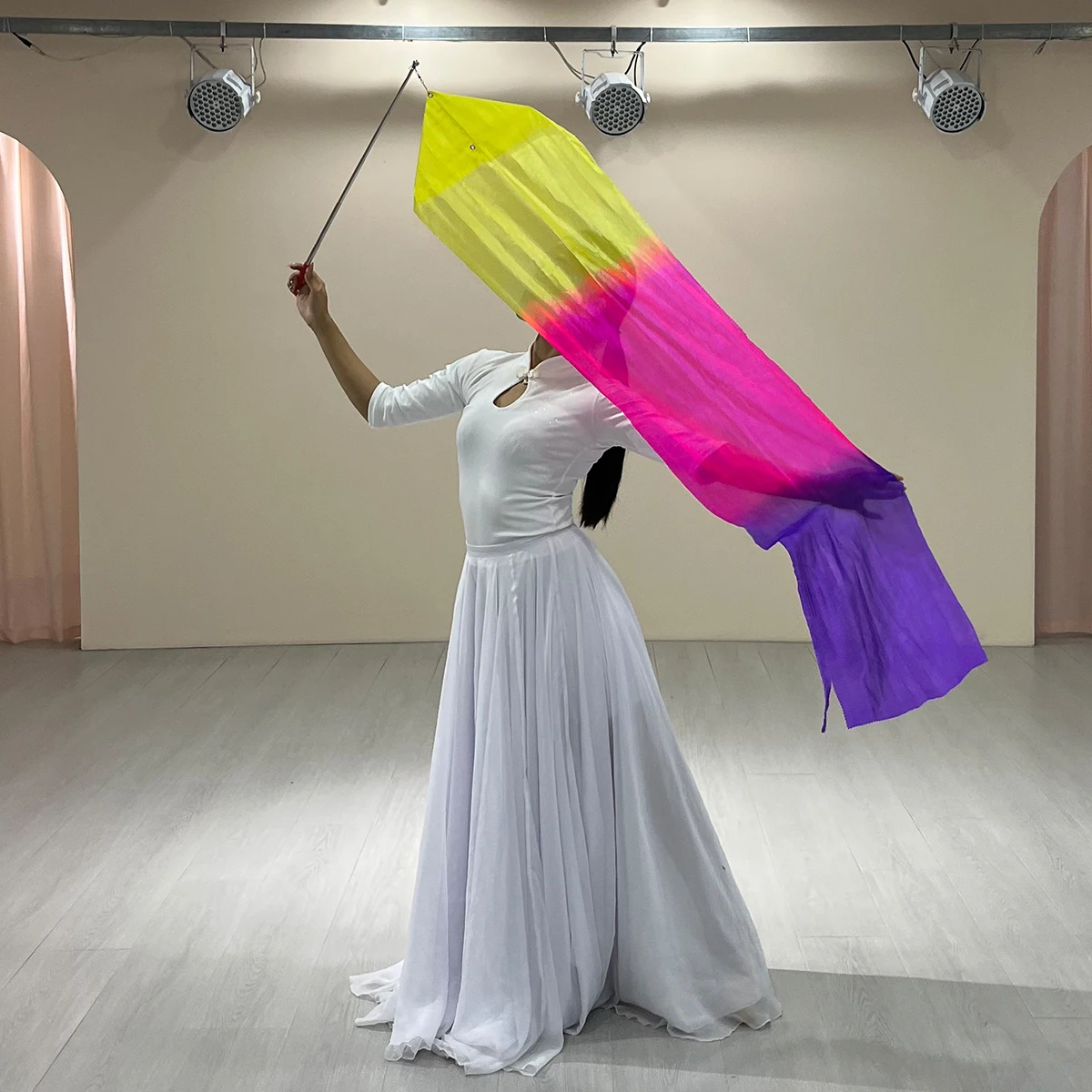 Vrouwen Lof Dans Aanbidding Vlag met Intrekbare Paal Spandex Zijden Linten voor Dansers Kerk Outdoor Oefenen en Prestaties