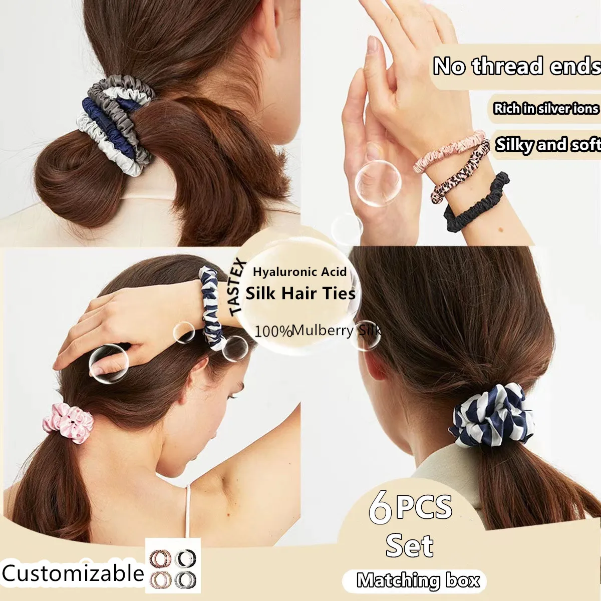 100% Silk Hair Scrunchies Silk Hair Ties Hairbands Skinny Ponytail Holders Hair Care Accessories 6pcs Box Anti Slip Hair Care