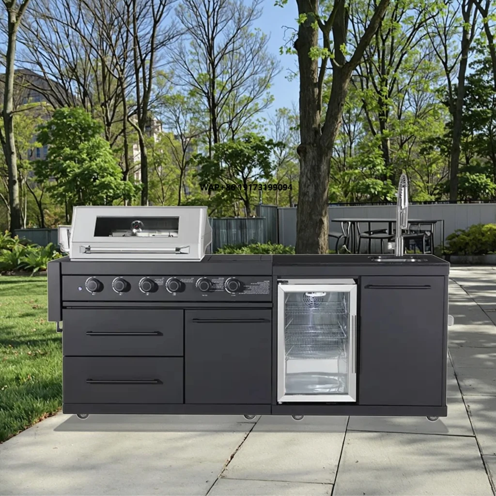 Modern Outdoor 304 Black Stainless Steel Kitchen Griddle Durable BBQ Island Grills Built in Cabinet Set