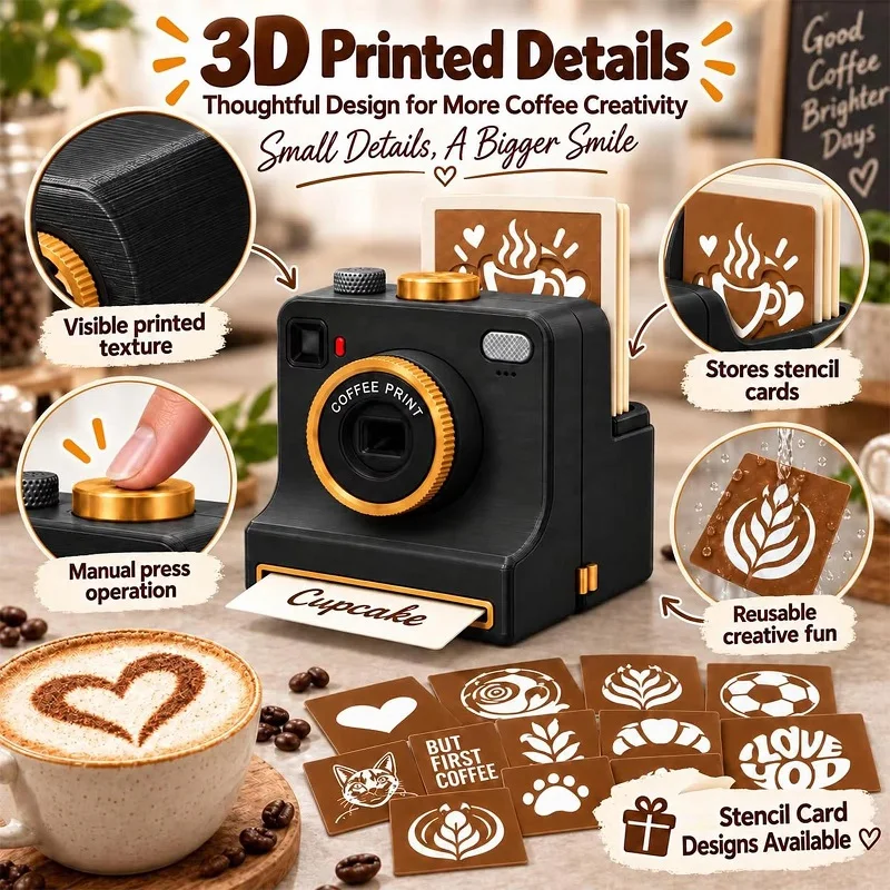 3D Printed Funny Coffee Latte Camera Replaceable Cards One Touch Press/ DIY Latte Art Camera Tool Vintage Look Included Stencils