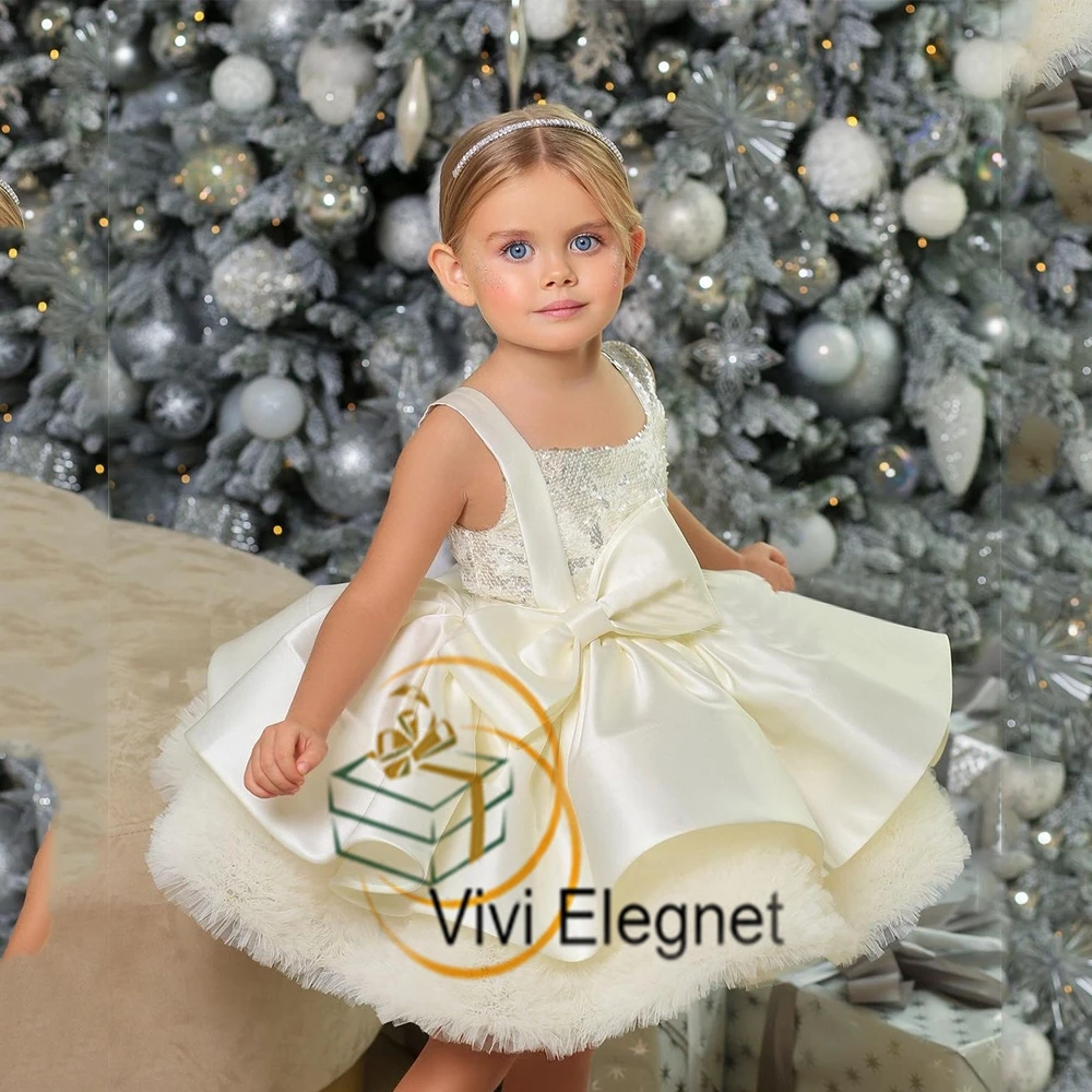 Cute Cream שמלת כלה לילדות for Christmas 2023 New Simple Scoop Spaghetti Strap Tiered Flower Girl Dresses Sleeveless فساتين بنات