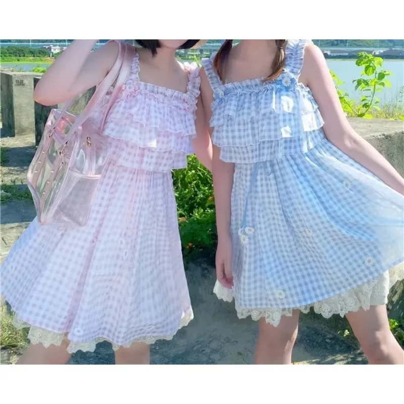 Women Sweet Lolita Dress Ruffles Floral Plaid Kawaii Y2K Party Dress