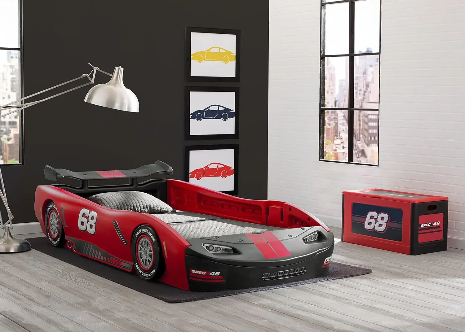 Cama doble con coche de carreras Turbo para niños, color rojo