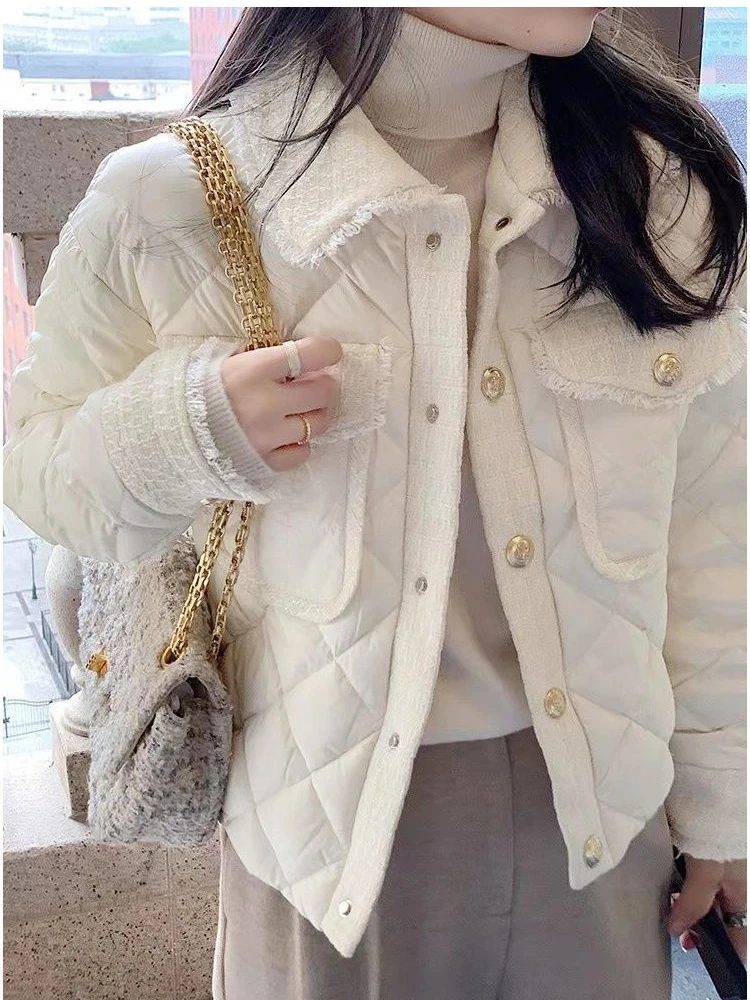 เสื้อแจ็คเก็ตผ้าฝ้ายสไตล์เกาหลีแบบหวานซ่อนเปรี้ยว สำหรับฤดูใบไม้ร่วง/ฤดูหนาว บางเฉียบ สไตล์อินเทรนด์ สีพื้น เสื้อคลุมอุ่นสำหรับผู้หญิง