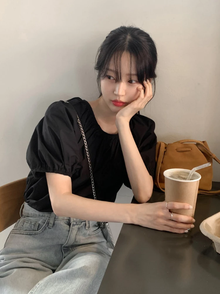 

Bla Elastic ort Sve irt Women's Chic Ba Tie Design Summer New Arrival Korean Sle Loose Fit round Ne Top