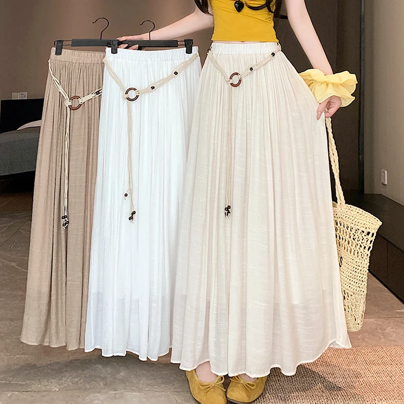 

Boho Women's Skirt Cotton Linen Yellow Female Skirts High Waist Harajuku 2025 Trend Luxury Elegant Vintage Long Skirt With Belt