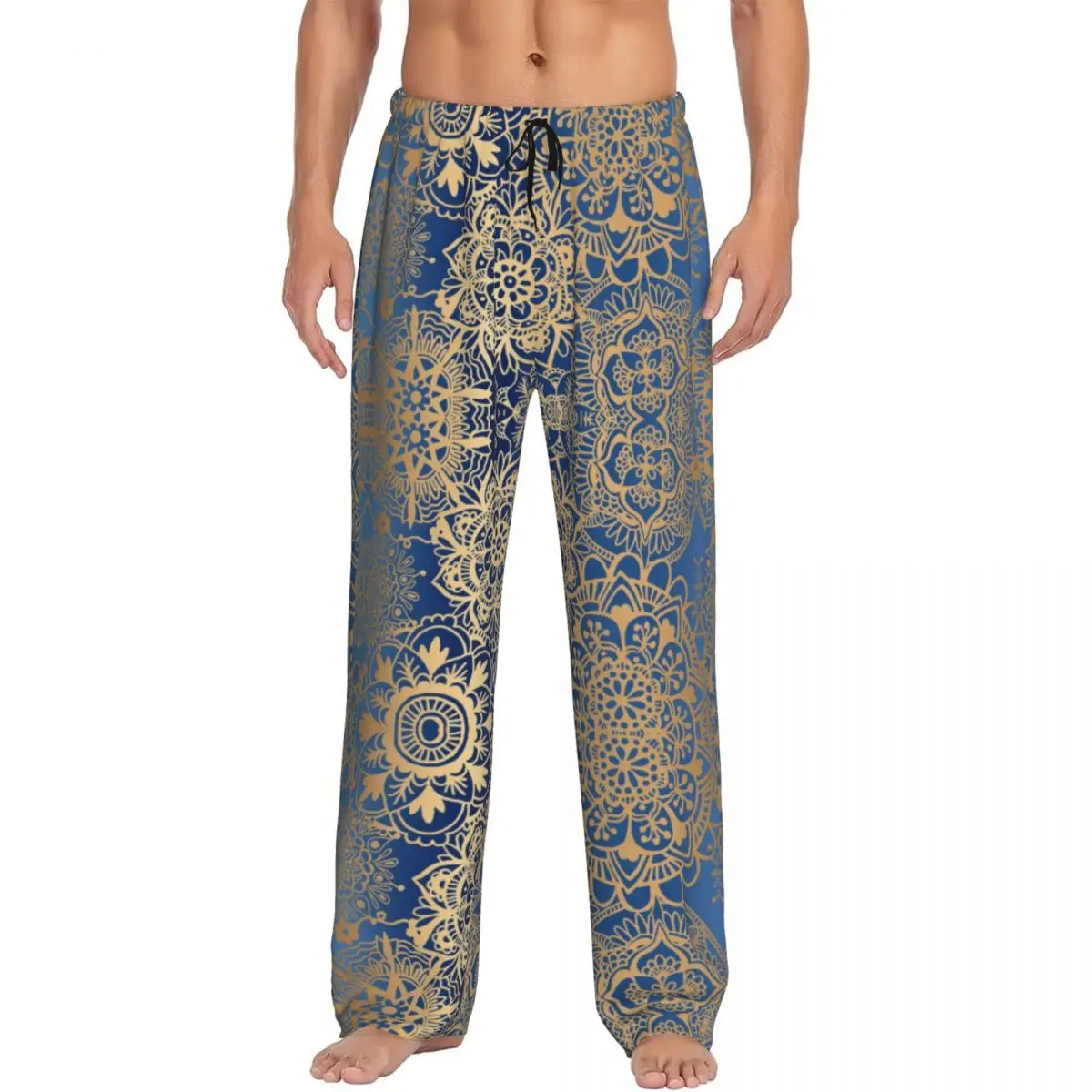 

Custom Blue Gold Mandala Pajama Pants for Men Buddhism Flower Sleepwear Lounge Sleep Bottoms Stretch with Pockets