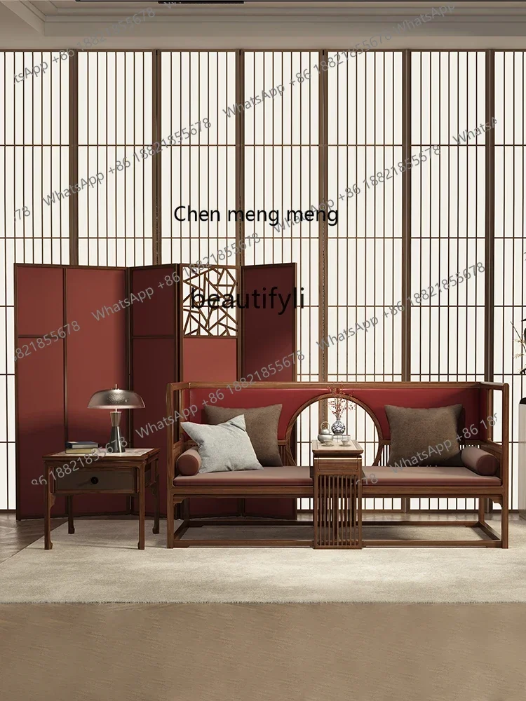 

ss7304 New Chinese Mingyue Arhat Bed Solid Wood Light Luxury North America Black Walnut Leather Art Soft Sofa Bed