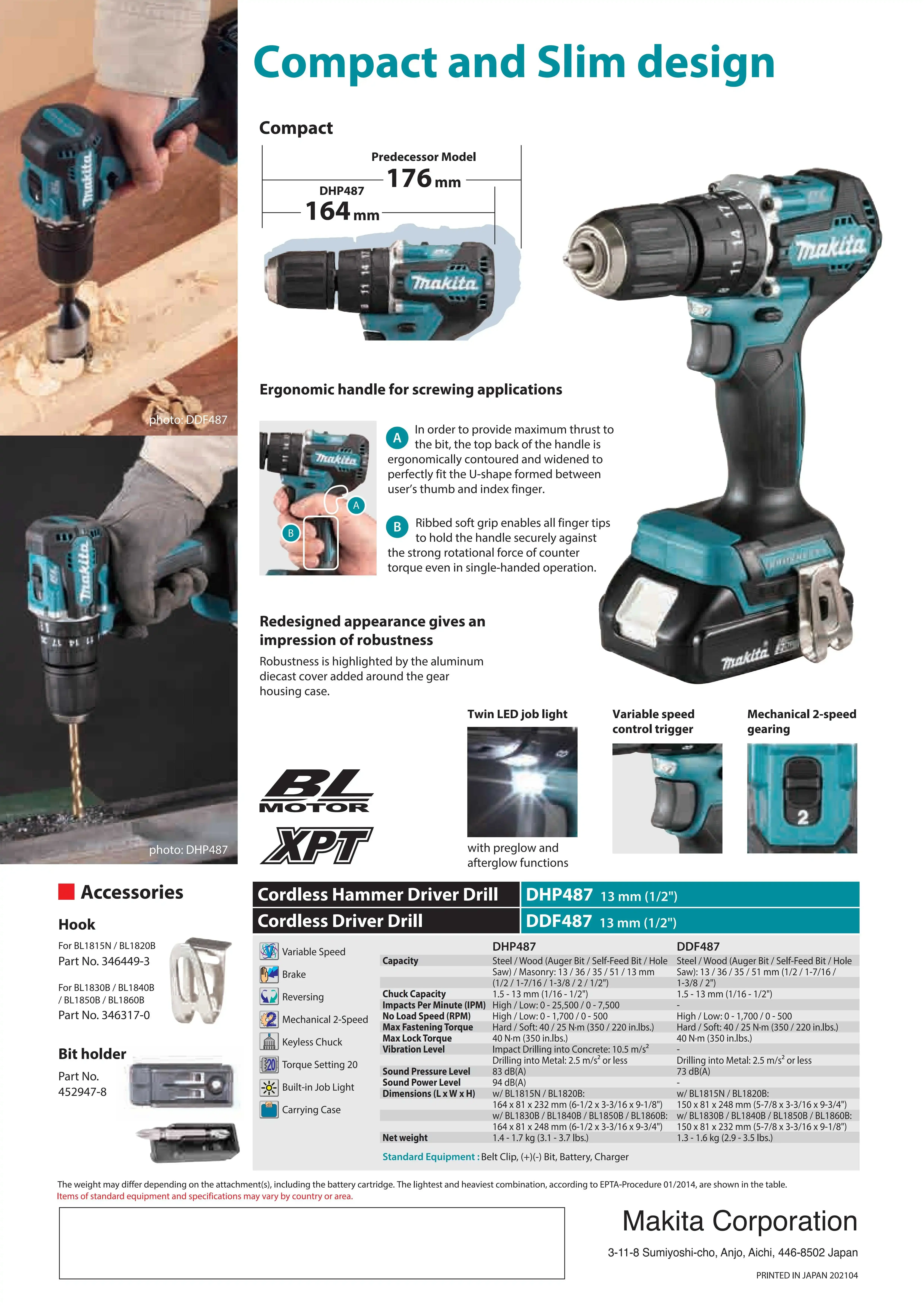 Makita DDF487Z DHP487Z LXT Brushless Cordless 13MM Drill Driver 18V Lithium Power Tools 1700RPM 40NM