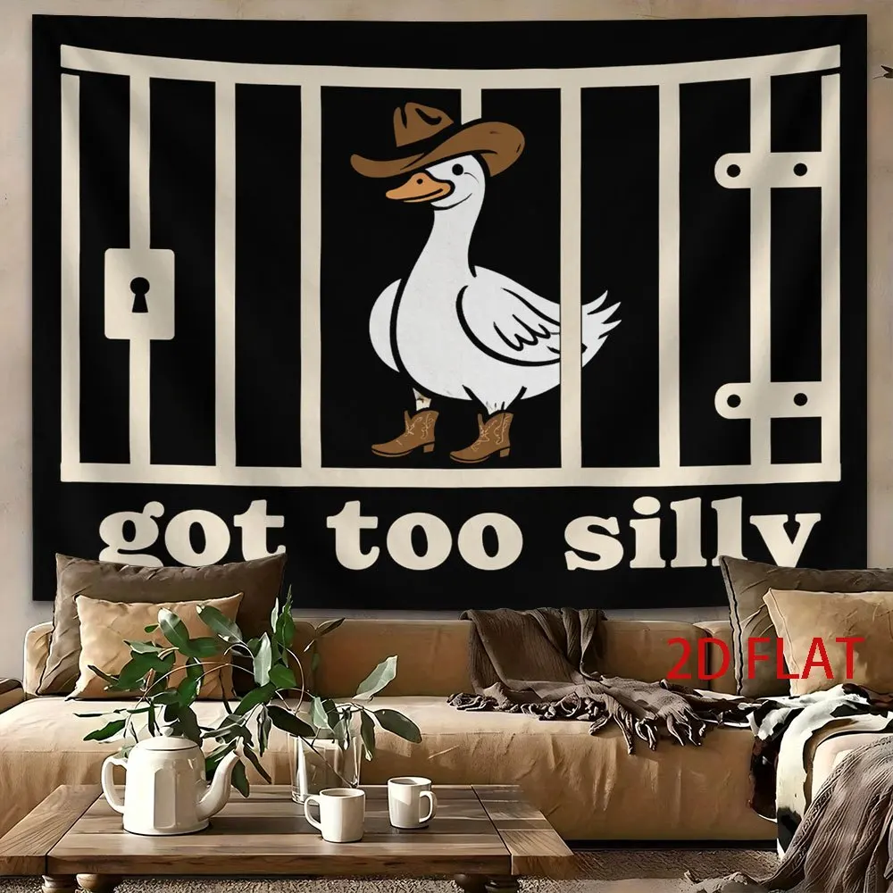 Cute Cartoon Goose Wall Tapestry, Cowboy Duck In Prison Cage, Humorous Quote, Minimal Art Hanging for Living Room Wall Decor
