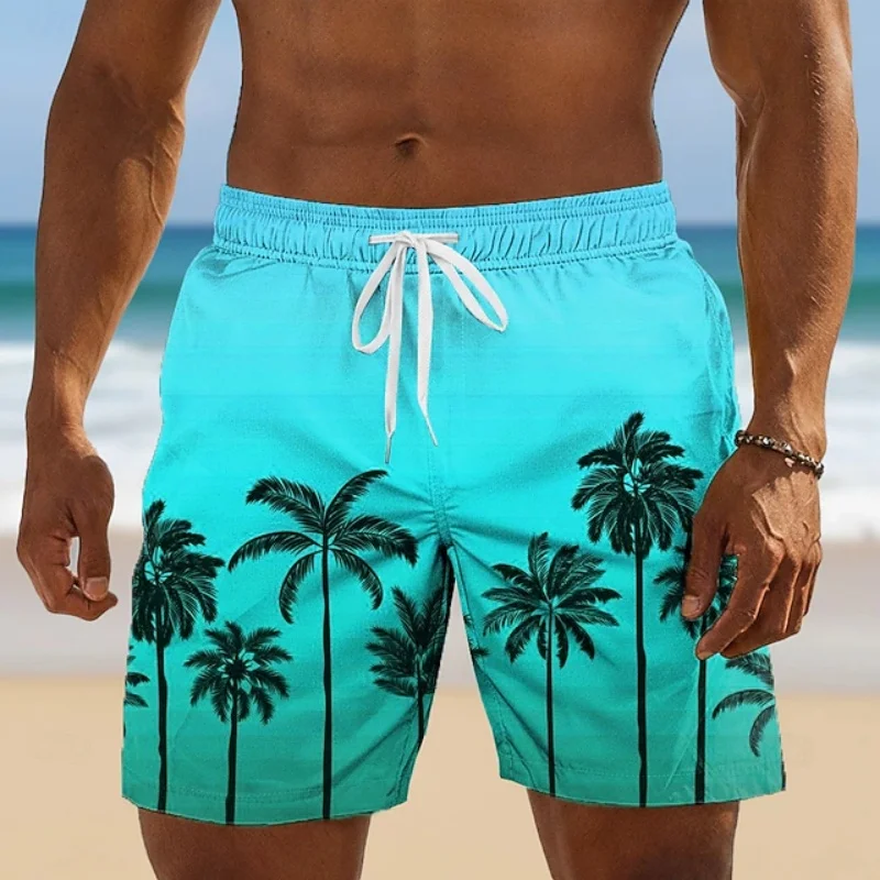 Men's vintage vintage coconut tree palm print beach pants with geometric grid pattern beach vacation surfing and swimming trunks