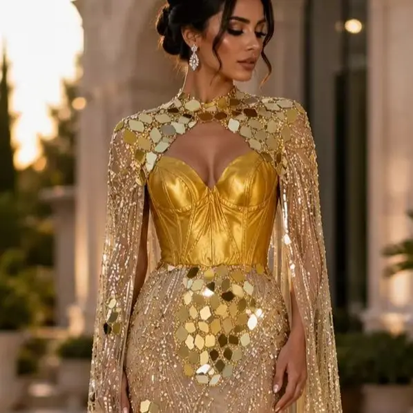 Shiny Golden Sequined Cape Sleeves Evening Dresses Customized Mermaid Beaded Wedding Guest Gowns Engagement Party Dress Robes