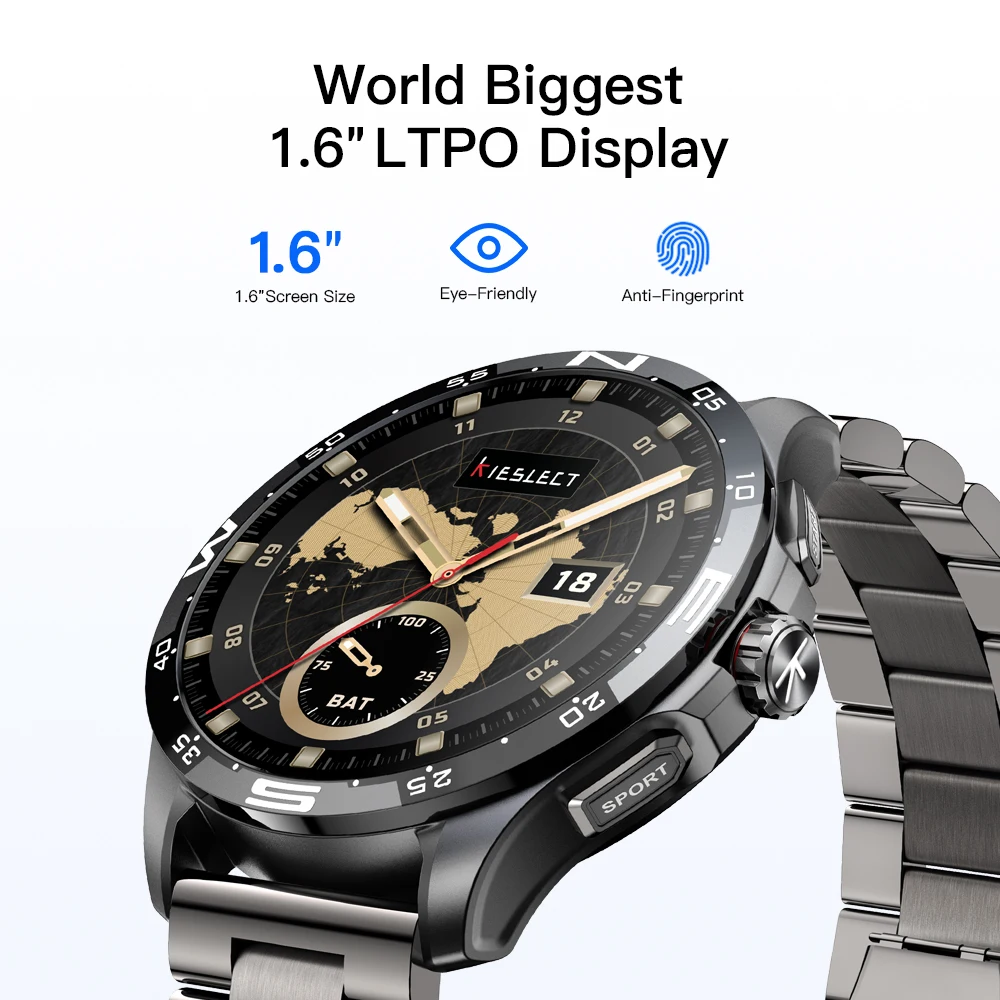 ساعة Kieslect Actor Ultra الذكية 5ATM 1.6 بوصة LTPO AMOLED تعرض جهاز تتبع معدل ضربات القلب للياقة البدنية لنظام Android iOS
