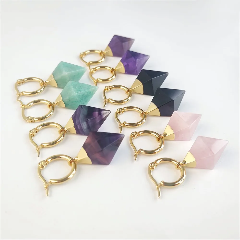 FUWO Wholesale Golden Plated Natural Fluorite/Amazonite/Rose Quartzs/Obsidian/Amethyst Hoop Earrings For Women ER106G 5Pairs/Lot