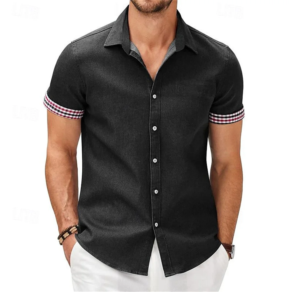 Camisa estampada de Color liso para hombre, traje de trabajo callejero al aire libre, informal de negocios, Top de manga corta con cuello abatible, novedad de verano 2024