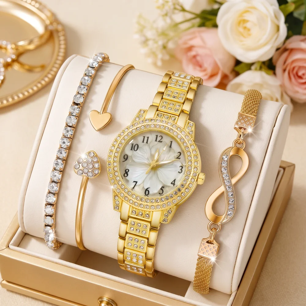 4Pcs/Set Unisex Jewelry Watches Women's Wristwatch Accessories Gold Trendy Fashion Elegant Classic Exquisite Light Luxury Rhinestone Luxury Quartz Watch Set Y2K Suitable for Daily Outfits Perfect Holiday Gift