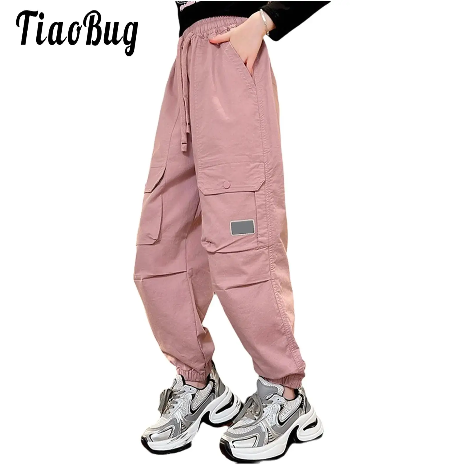 

Girls Fashion Drawstring Cargo Pants Elastic Waistband Trousers with Pockets for Outdoor Skateboarding Hip-Hop Modern Dancewear