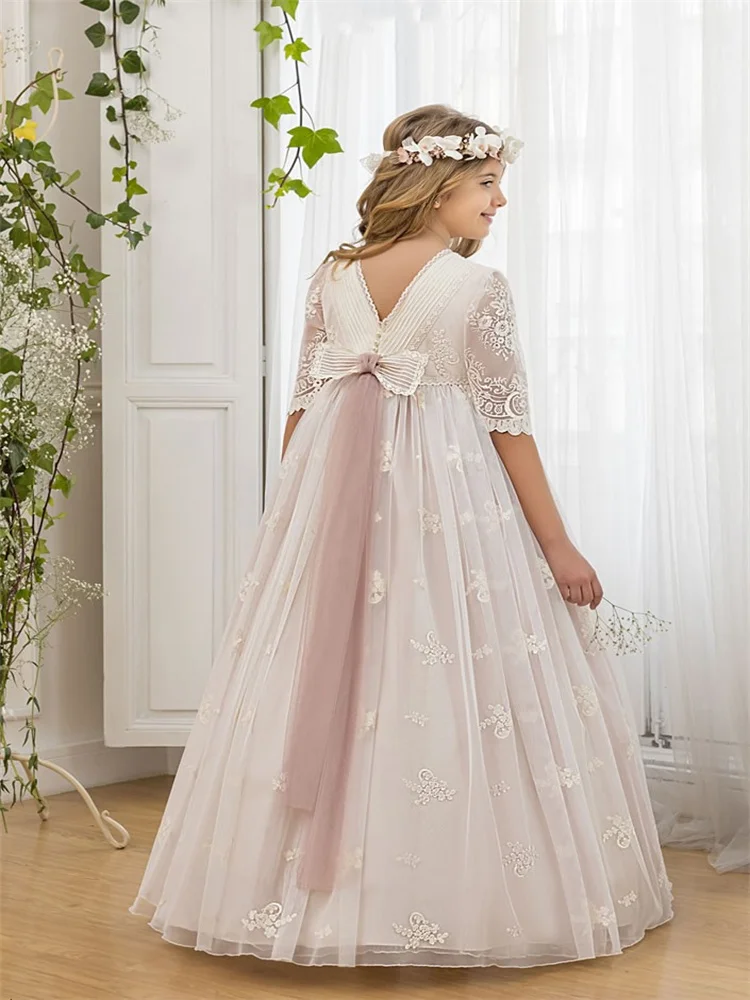 Vestidos floridos para meninas, Meia manga, Applique de renda, Tule, Fofo, Até o chão, Primeira Comunhão, Vestidos de princesa para casamento