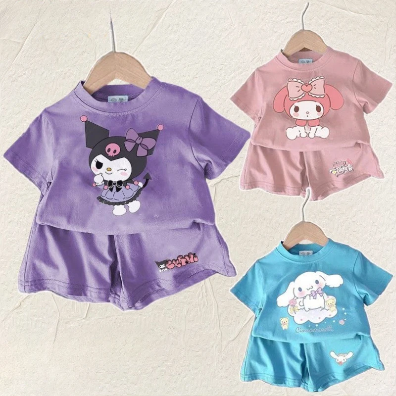 Sanrio Kuromi Kids Cinnamoroll Cartoon t-shirt Top con pantaloncini Set Cute My Melody Girls Boys Summer Short sleeves 2 pezzi Outfits