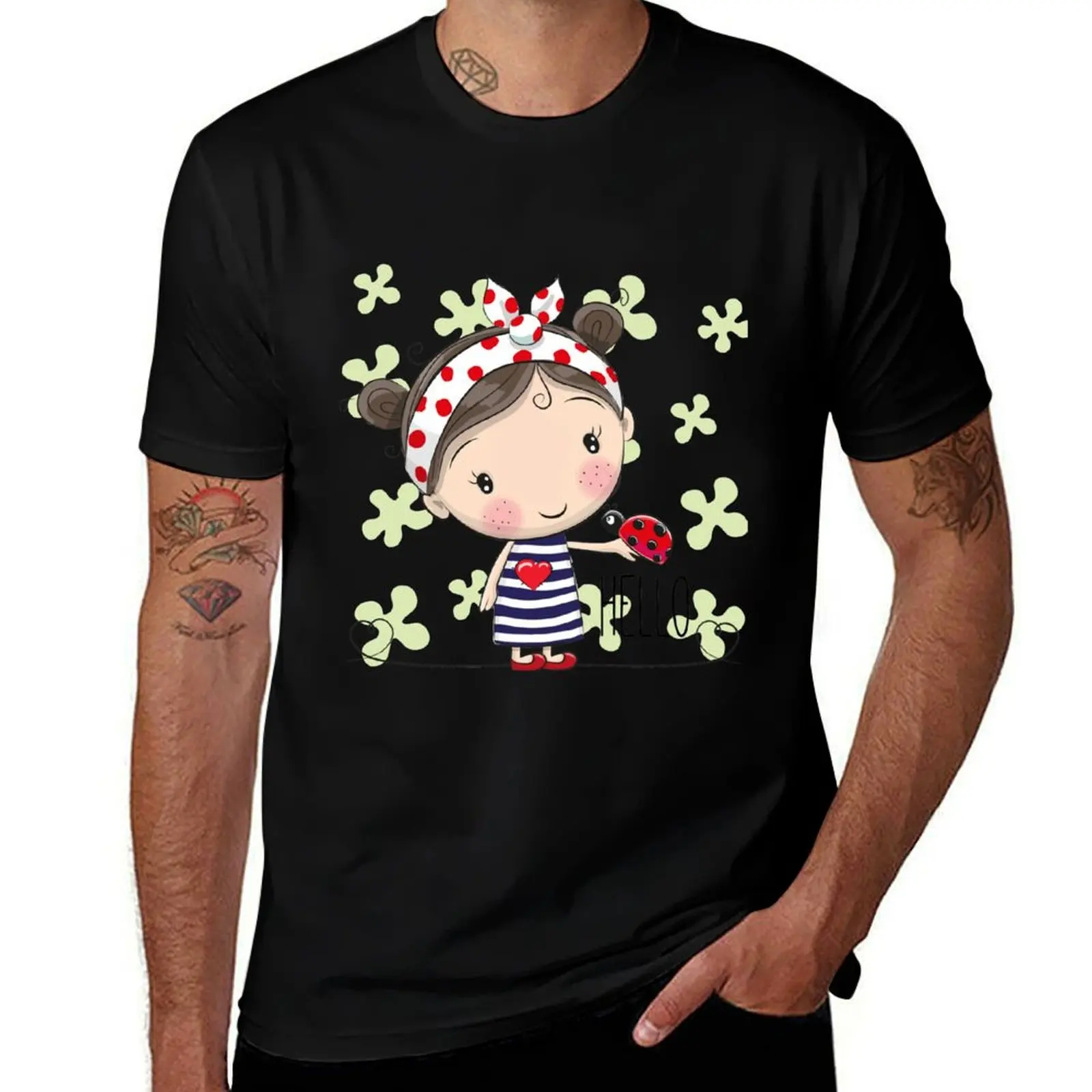 

Cartoon Girl with a bow and ladybug T-Shirt man t shirt heavy cotton t shirts for man graphic funny T-Shirt