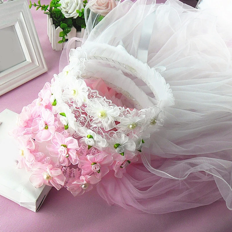 Flower Girls Veil Headpieces with Pleated Flower Wedding Ring Bearer Veil Long Tulle Bride Wedding Party Supplies