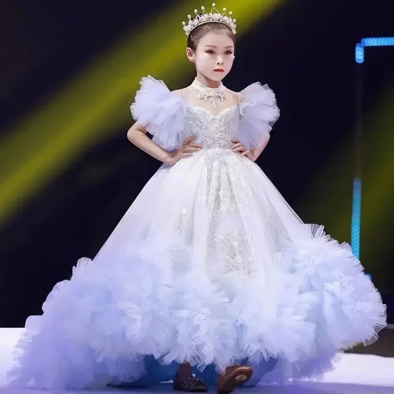 High-End Girl Evening Teenagers Formal Catwalk Host Piano Performance Vestidos A2783 Dress Sequined Trailing Ball Gowns Children