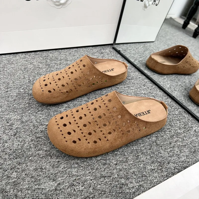 2025 New Arrival Concise Suede Round-Toe Comfortable Woman Slippers Hollow Slides Loafers Female Beach Shoes