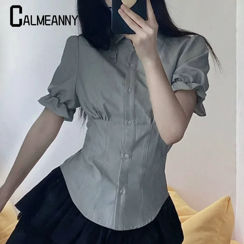 2023 Summer New Korean Fashion Shirt Women Slim Minimalist Puff Sleeve Simple Japan Style Casual JK Slim Y2k Tender Cozy Ladies