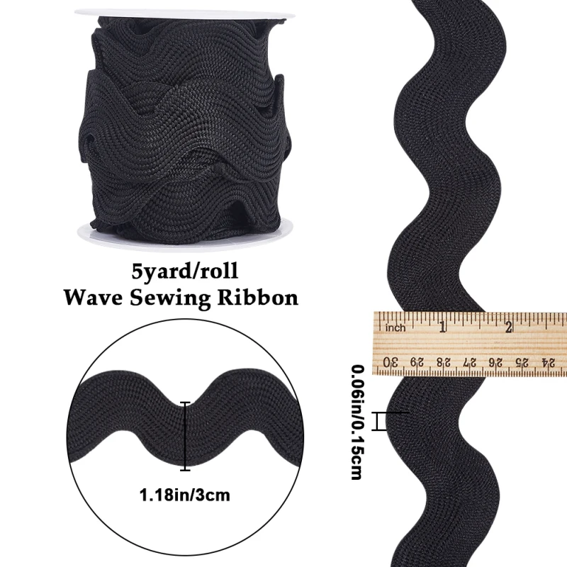 1 Roll RIC Rac Trim Ribbon Black Rick Rack Wave Sewing Bending Fringe Trim Braided Woven Fabric for Sewing Flower Making Wedding
