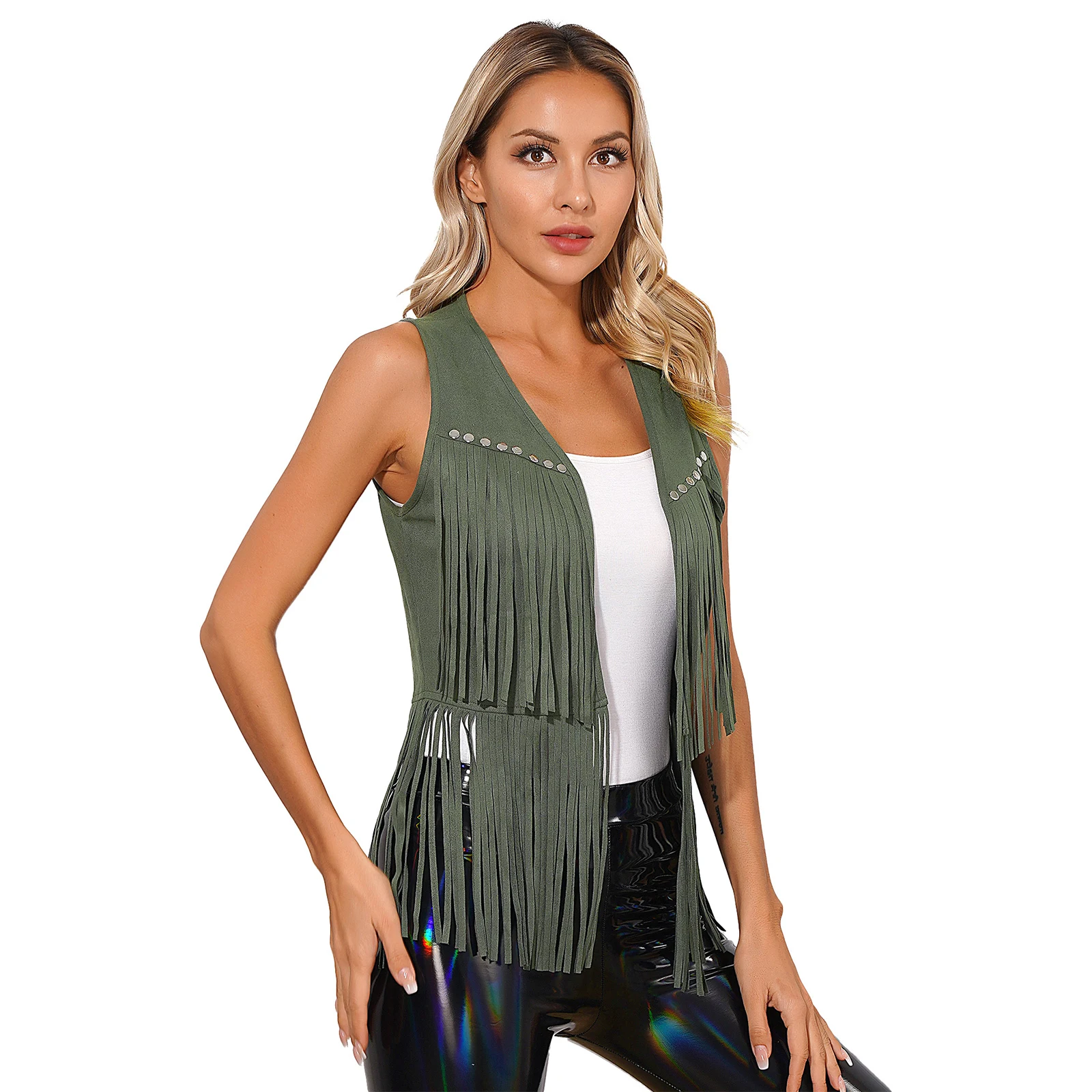 Womens Cowgirl Waistcoat Tops Vintage Faux Suede Tassel Vest Fashion Rivets Fringe Waistcoat Open Front Sleeveless Jacket Tops