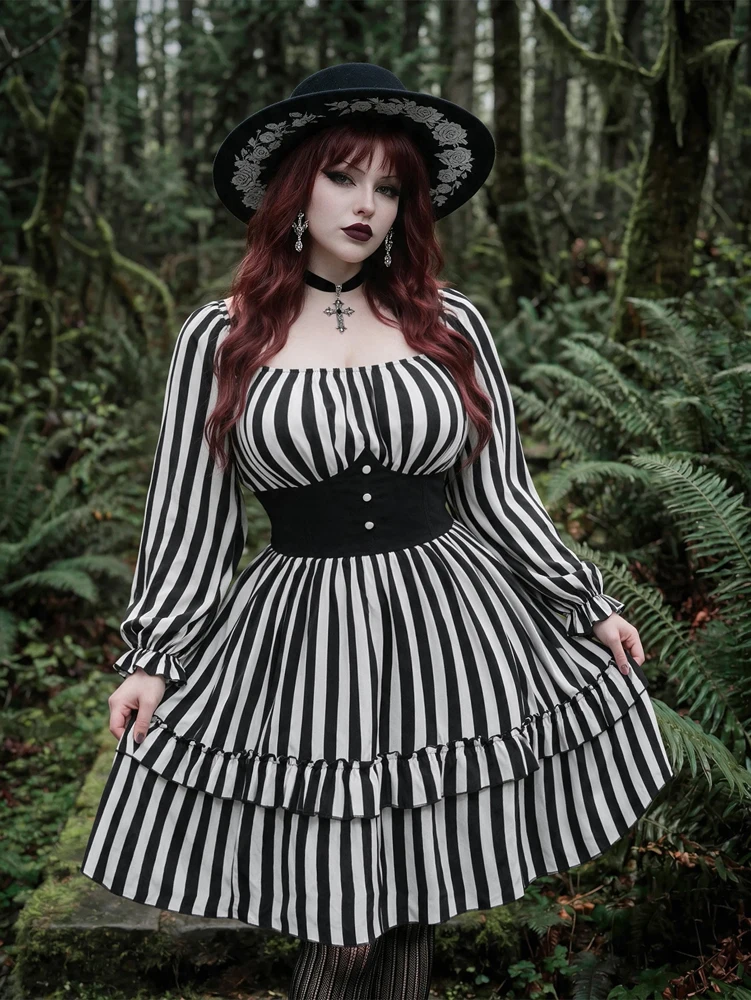 Plus Size 2026 Fall New Arrival: Women's Black-and-White Striped Print Fitted Short-Sleeve Midi Dress—Casual and Elegant