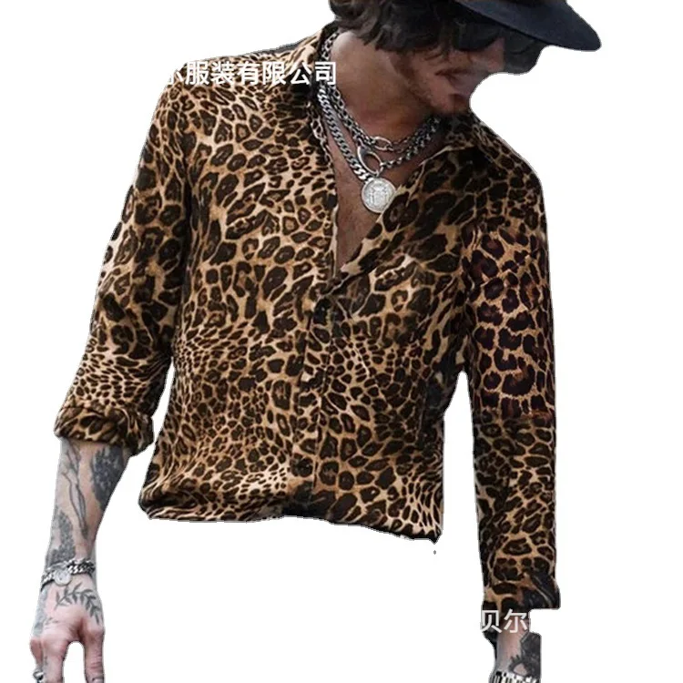 Men's Leopard Print Shirt Long-sleeved Lapel Button Cardigan Top Fashion High Street Trend Spring and Autumn New Blouses
