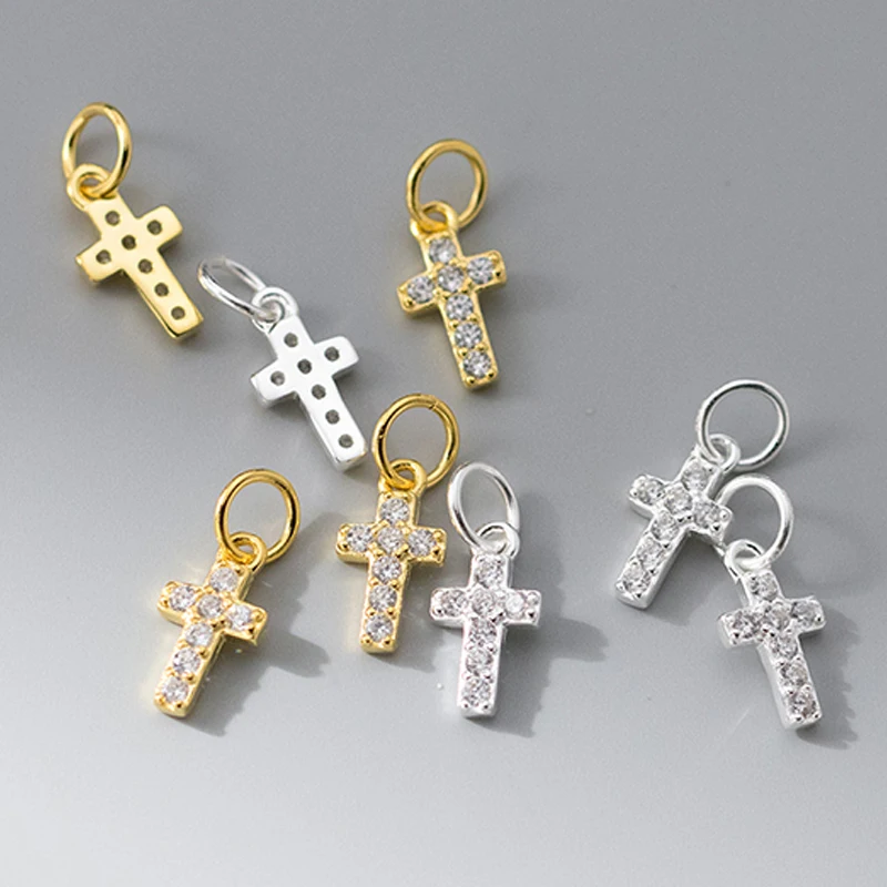 1pc/Lot 925 Sterling Silver Shining Zircon Cross Small Charms 10.6x5.7mm Women Men Fine Circle Pendants DIY Earrings Nekclace