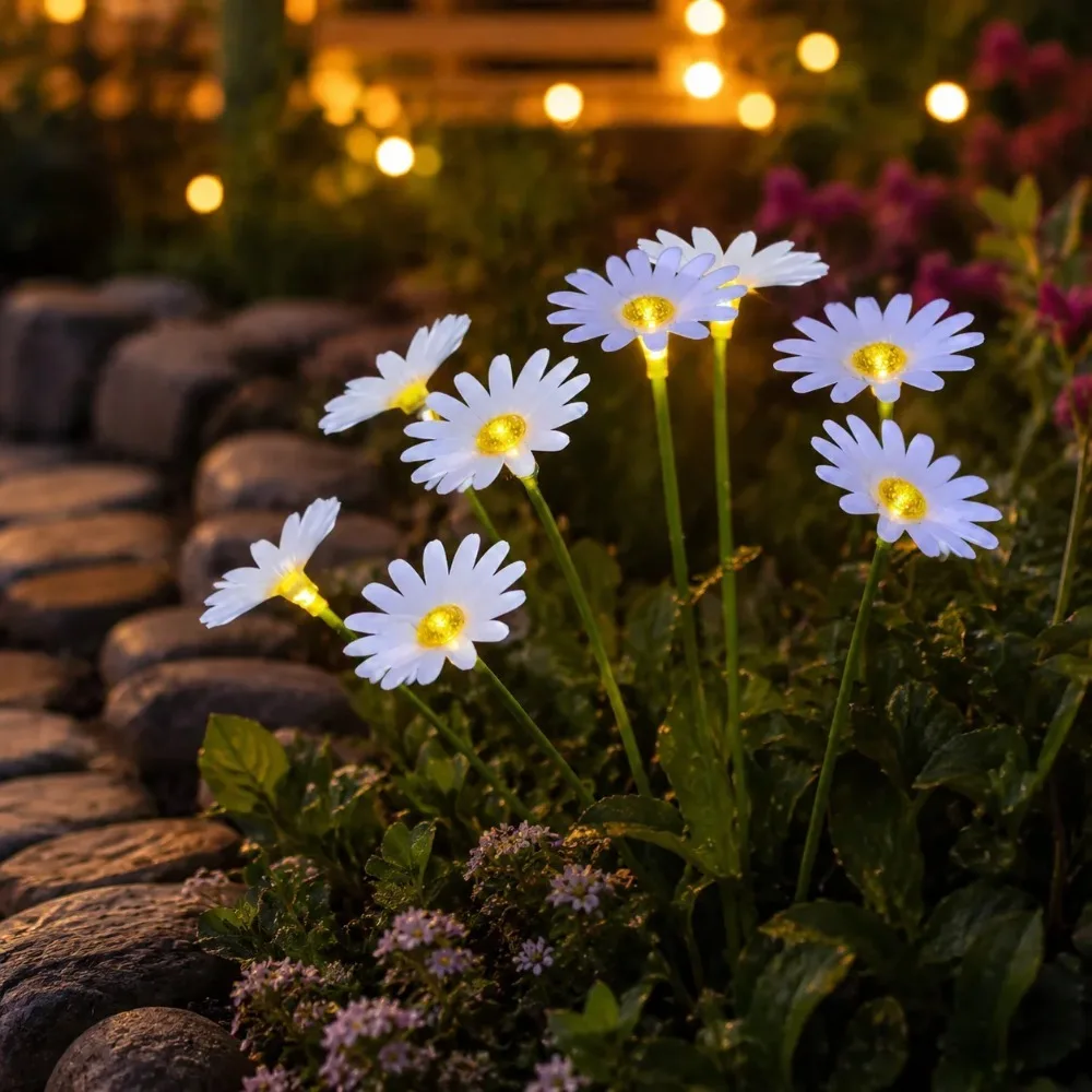 Outdoor Solar LED Daisy Light Garden Stake Lawn Pathway Landscape Decoration Warm White Flower for Villa Courtyard