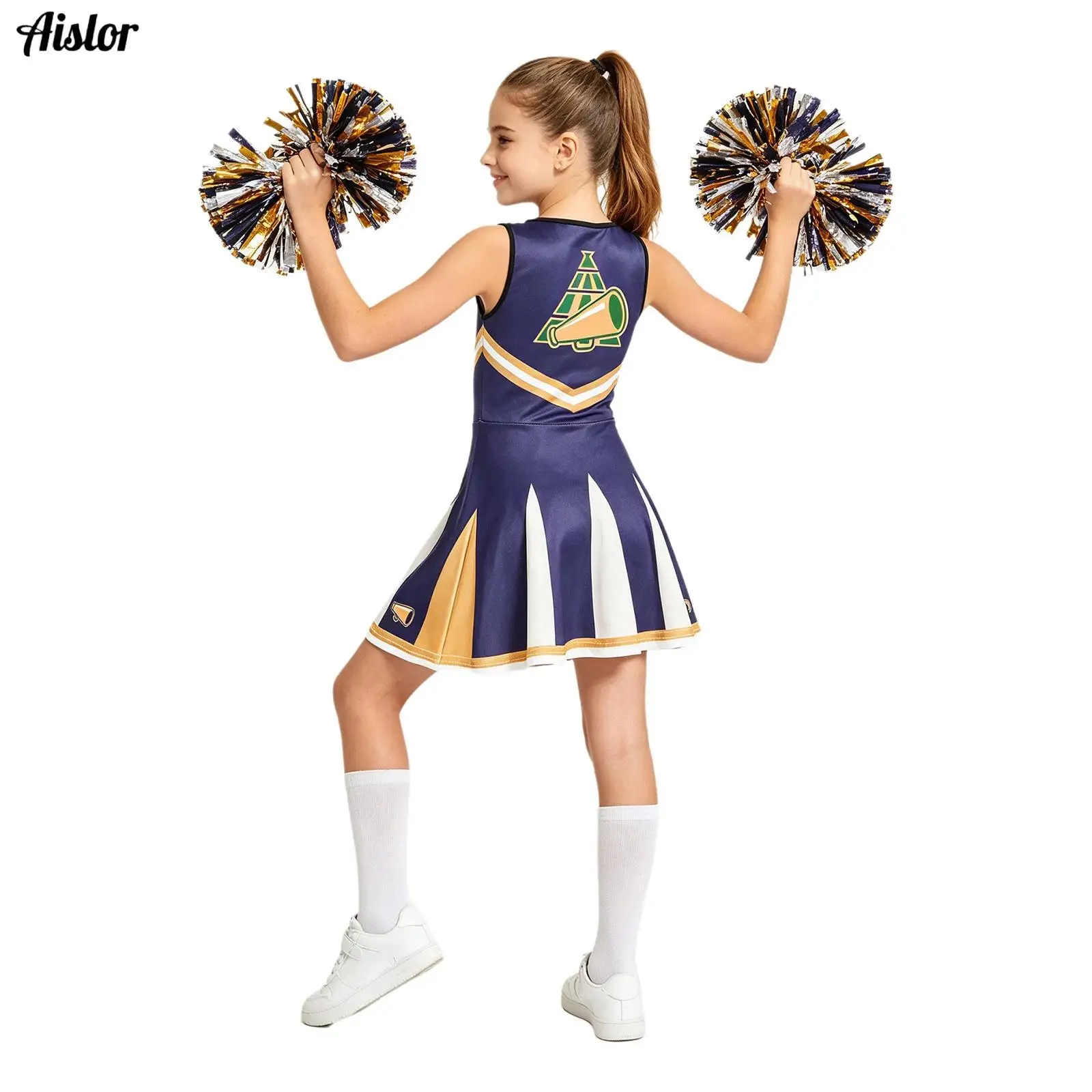 Kids Girls Cheerleading Uniform Students Dance Sleeveless Color-blocked Printed Dress Stage Performance Competitions Costume