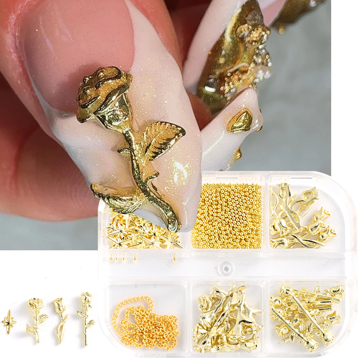 Breloques 3D en forme de rose en acier doré pour nail art, décoration d'ongles en métal pour manucure, breloques DIY en forme de fleur de rose