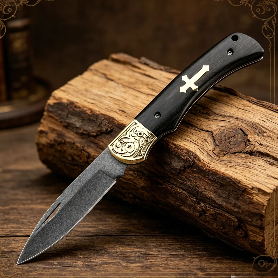 

EDC Folding Pocket Knife, Premium Ebony Handle, Sharp Steel Blade Multipurpose Outdoor Camping Hiking Survival Tool