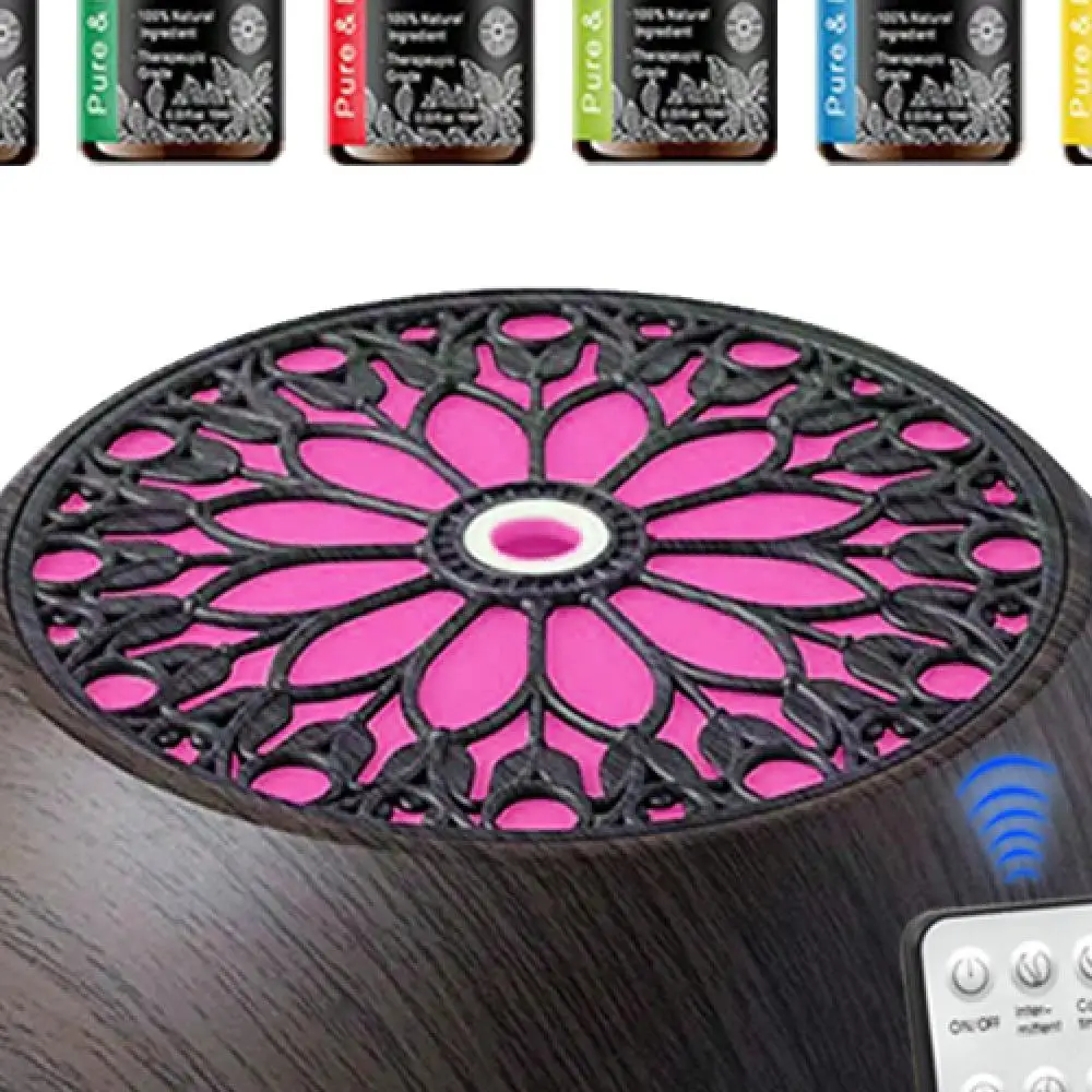 

Увлажнитель и диффузор с розовым цветочным крутым туманом, 550 мл, с 6 эфирными маслами, технологией звуковой волны, пультом дистанционного управления, USB, предварительным фильтром для дома, офиса