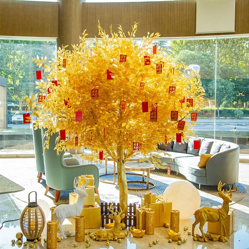 

Fortune Wishing Tree Large Golden Simulation Banyan Tree Shopping Mall Hotel Wedding Decoration New Year Garden Fake Tree