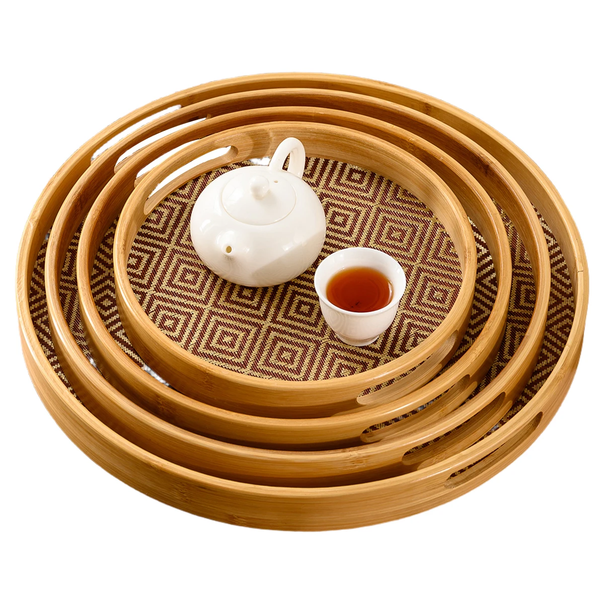 Plateau rond en bambou poignées de 15,8 pouces-plateau de restaurant de stockage de boissons de cuisine à domicile polyvalent