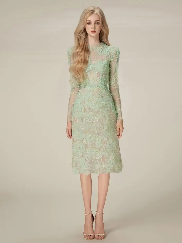 

2024 New Lace Mid Length Party Dress Women O Neck Long Sleeve Mesh Embroidery Mini Bodycon Luxury Elegant Evening Dresses Ladies