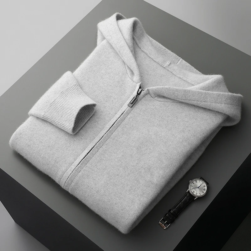 Men's Thickened 100% Cashmere Cardigan Hooded Knitted Solid Color Loose Versatile Sweater Zipper Jacket Autumn Winter Warm